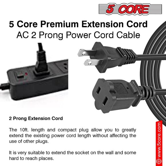 5Core AC Power Cord 10Ft US Polarized Male to Female 2 Prong Extension Cords - Picture 5 of 11